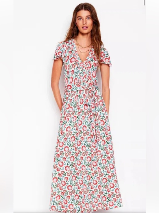 Boden Dresses & Skirts - Boden Nicola Jersey Tea Dress Ivory Floral Garden Vine Ruffle Midi Sz 16-18L NEW